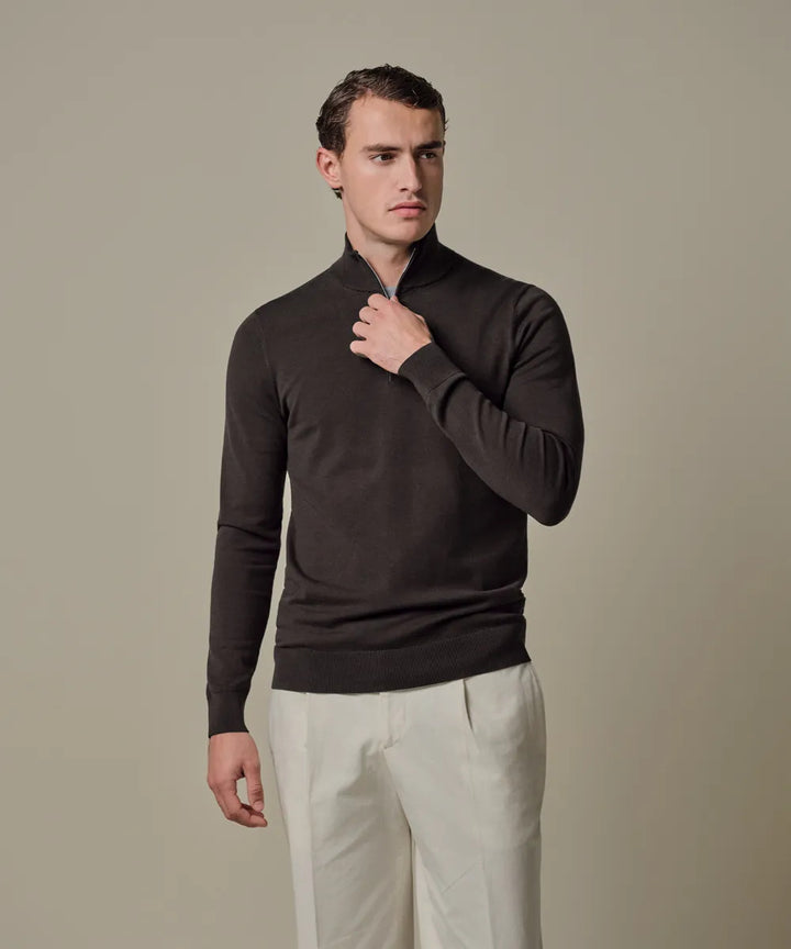 Profuomo Luxury Basic Half Zip Pullover – Donkerbr-56% tencel, 20% katoen, 20% polyamide, 4% zijde-HEREN TRUIEN & VESTEN-