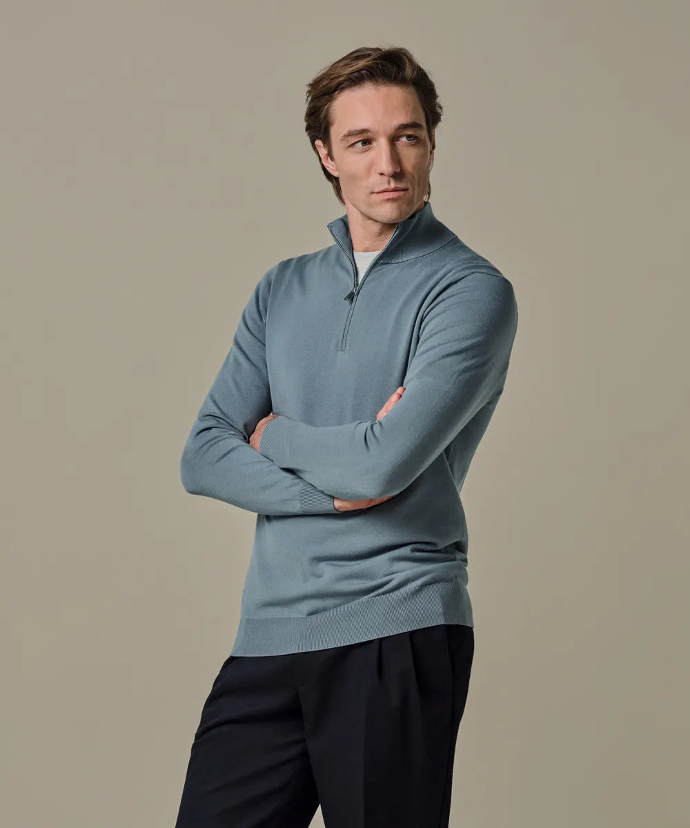 Profuomo Luxury Basic Half Zip Pullover – Grijsbla-56% tencel, 20% katoen, 20% polyamide, 4% zijde-HEREN TRUIEN & VESTEN-