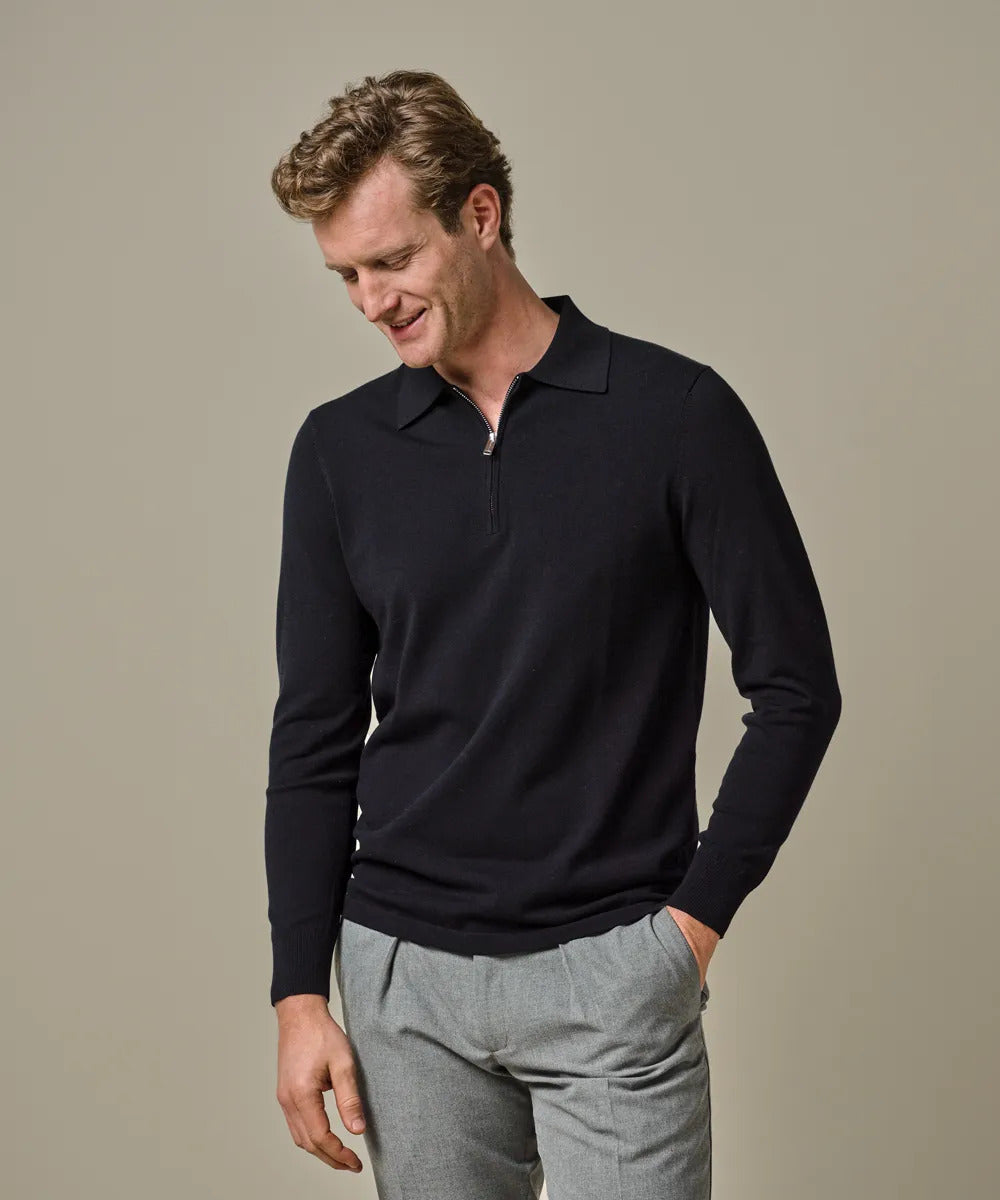 Profuomo Luxury Basic Half‑Zip Trui – Blauw-56% lyocell, 20% katoen, 20% polyamide, 4% zijde-HEREN TRUIEN & VESTEN-Blauw
