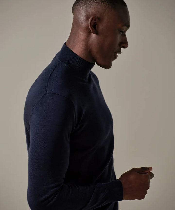 Profuomo Merino Mock‑Neck Trui – Blauw-100% merinowol-HEREN TRUIEN & VESTEN-Blauw