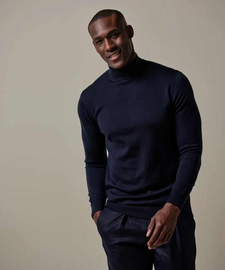 Profuomo Merino Mock‑Neck Trui – Blauw-100% merinowol-HEREN TRUIEN & VESTEN-Blauw