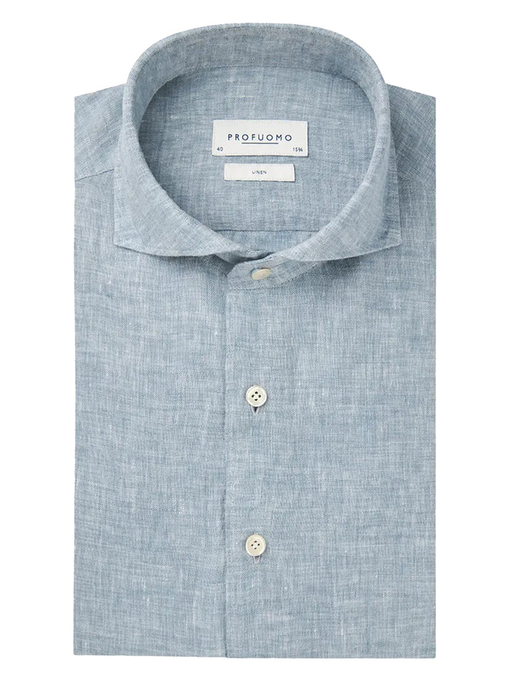 Profuomo mid blue linnen overhemd-100% Linnen-HEREN SHIRTS-Blauw