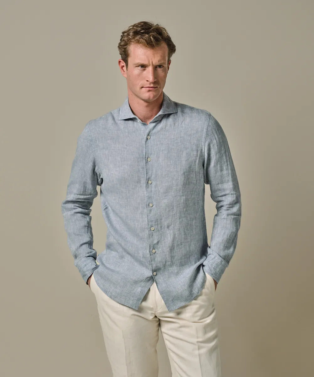 Profuomo mid blue linnen overhemd-100% Linnen-HEREN SHIRTS-Blauw