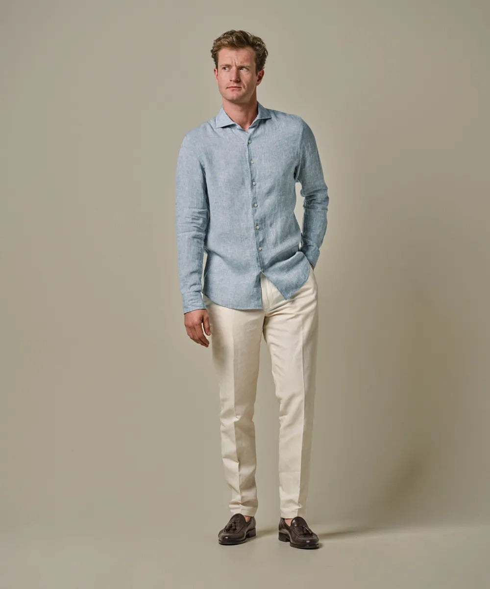 Profuomo mid blue linnen overhemd-100% Linnen-HEREN SHIRTS-Blauw