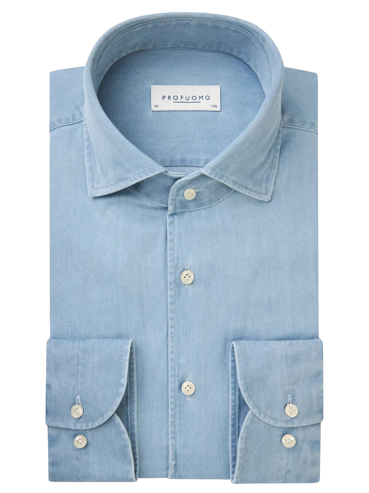 Profuomo one piece denim overhemd slim fit-100% katoen-HEREN SHIRTS-Blauw