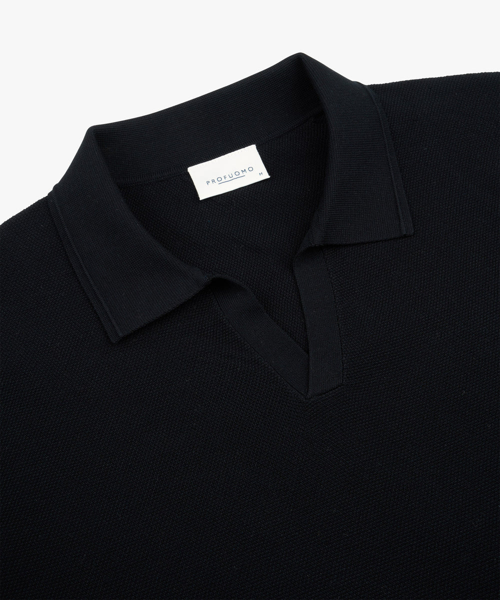Profuomo Open Kraag Polo – Blauw-56% lyocell, 20% katoen, 20% polyamide, 4% zijde-HEREN POLO'S & T-SHIRTS-Blauw