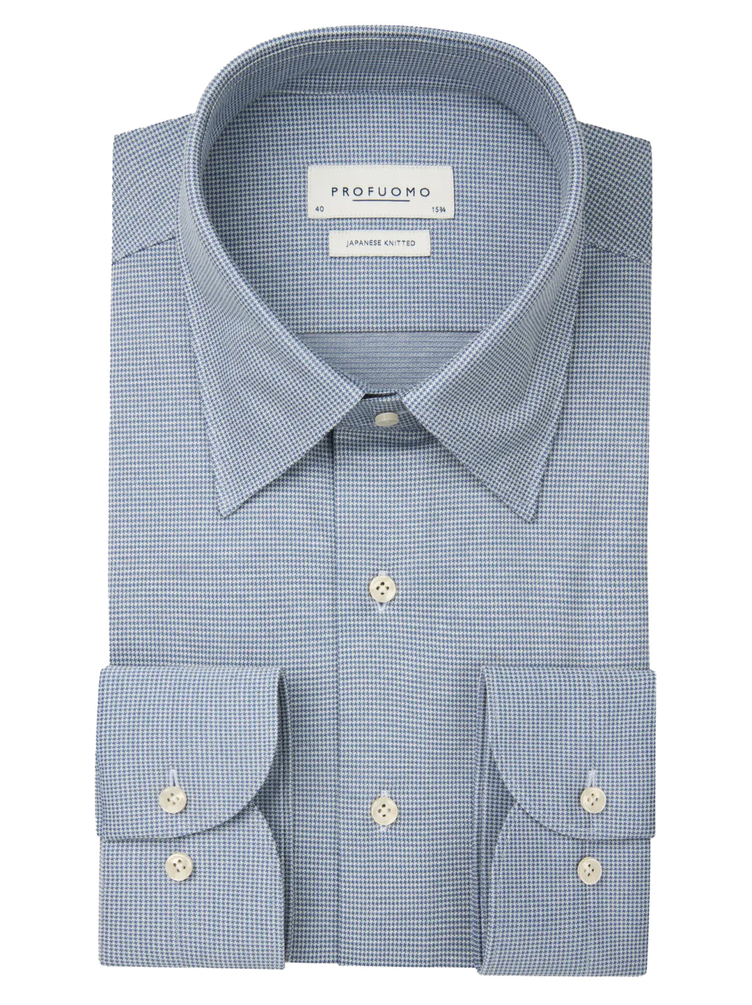 Profuomo Pied de Poule Japanese Knit slim fit-56% katoen, 44% polyester-HEREN SHIRTS-Blauw