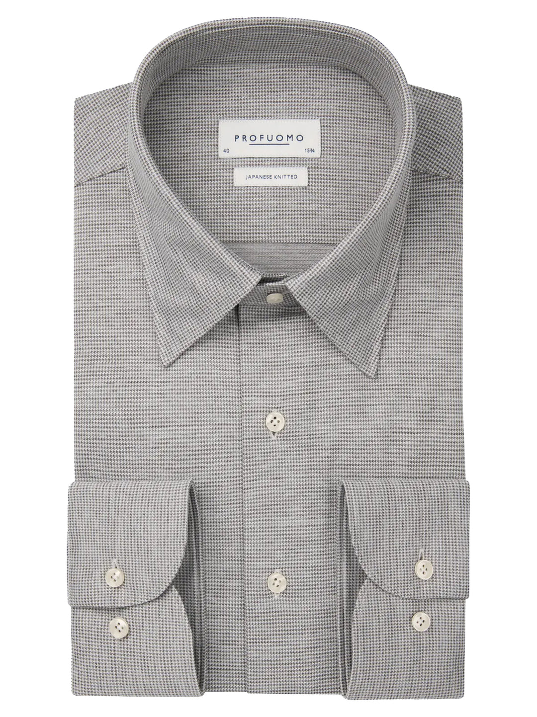 Profuomo Pied de Poule Japanese Knit slim fit-56% katoen, 44% polyester-HEREN SHIRTS-Bruin