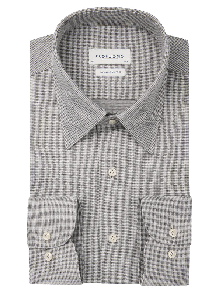 Profuomo Pied de Poule Japanese Knit slim fit-56% katoen, 44% polyester-HEREN SHIRTS-Bruin