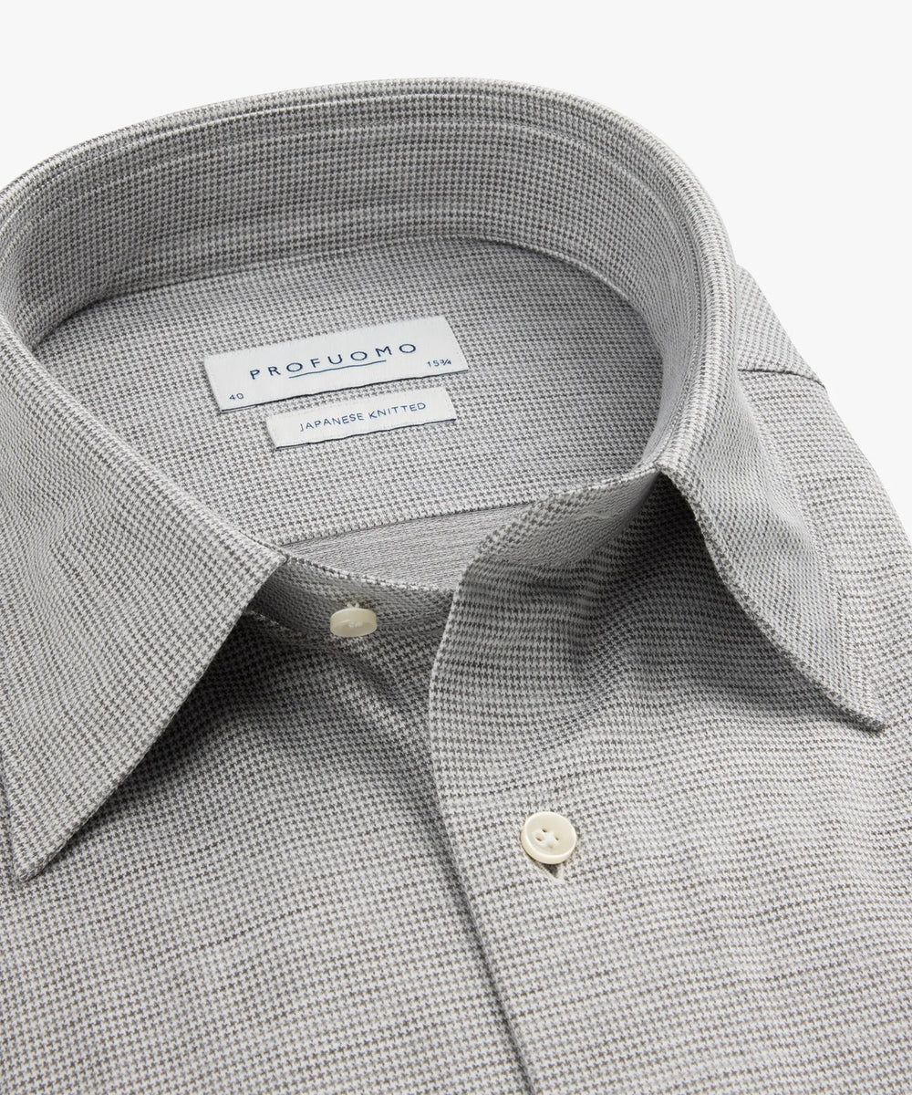 Profuomo Pied de Poule Japanese Knit slim fit-56% katoen, 44% polyester-HEREN SHIRTS-Bruin