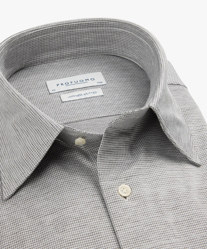 Profuomo Pied de Poule Japanese Knit slim fit-56% katoen, 44% polyester-HEREN SHIRTS-Bruin