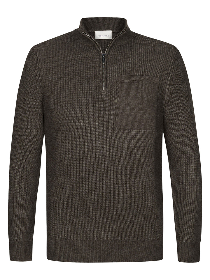 Profuomo Rib Half-Zip Trui – Bruin-50% polyester, 30% katoen, 20% wol-HEREN TRUIEN & VESTEN-Bruin