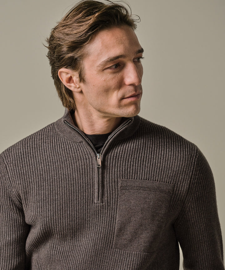 Profuomo Rib Half-Zip Trui – Bruin-50% polyester, 30% katoen, 20% wol-HEREN TRUIEN & VESTEN-Bruin