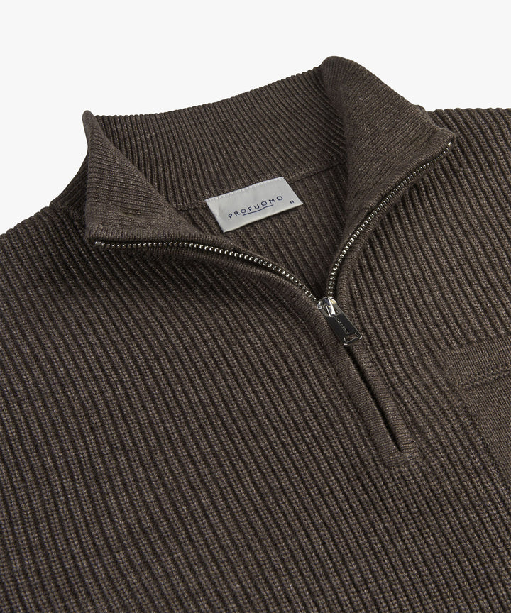 Profuomo Rib Half-Zip Trui – Bruin-50% polyester, 30% katoen, 20% wol-HEREN TRUIEN & VESTEN-Bruin