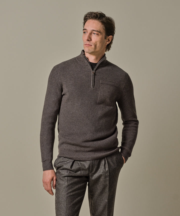 Profuomo Rib Half-Zip Trui – Bruin-50% polyester, 30% katoen, 20% wol-HEREN TRUIEN & VESTEN-Bruin