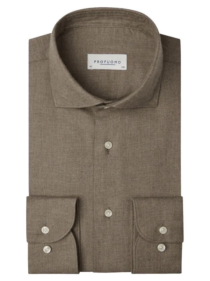 Profuomo Slim Fit Brushed Twill Overhemd – Bruin-100% katoen-HEREN SHIRTS-Bruin