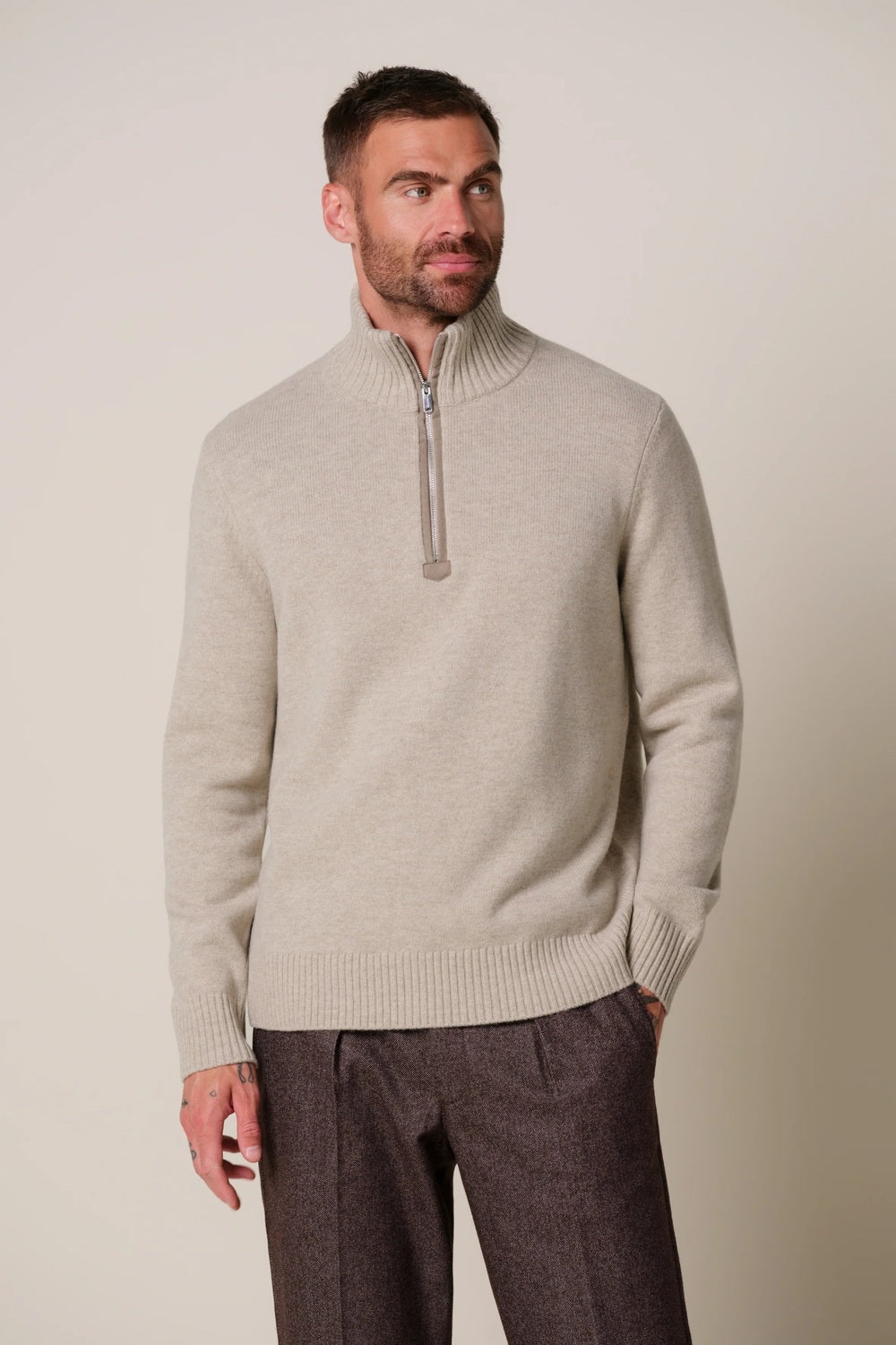 Profuomo Soft Wollen Half Zip – Beige-100% wol-HEREN TRUIEN & VESTEN-Beige