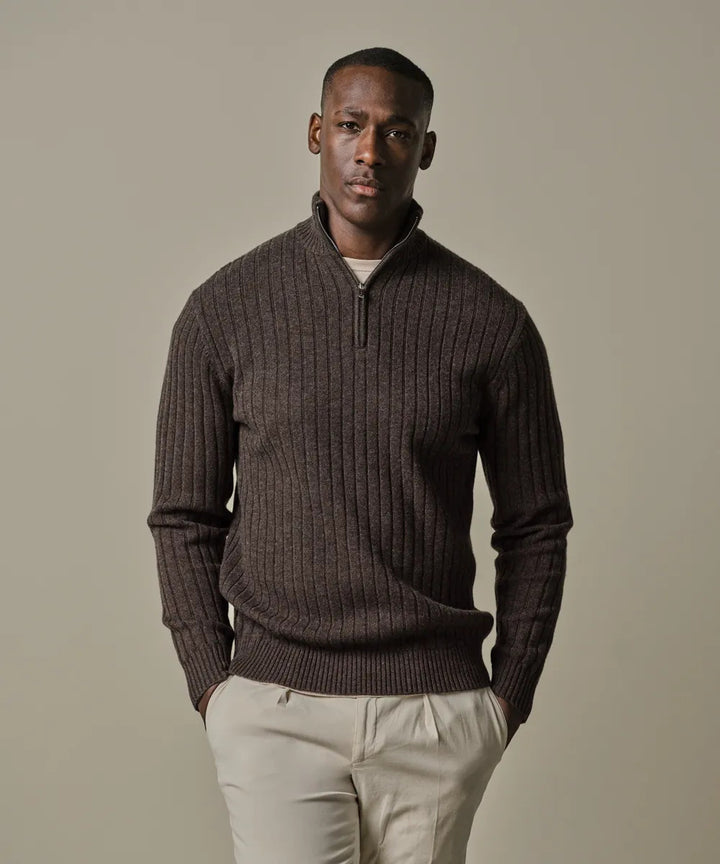 Profuomo Wool‑Blend Half‑Zip Trui – Bruin-50% wol, 30% polyamide, 20% modal-HEREN TRUIEN & VESTEN-Bruin