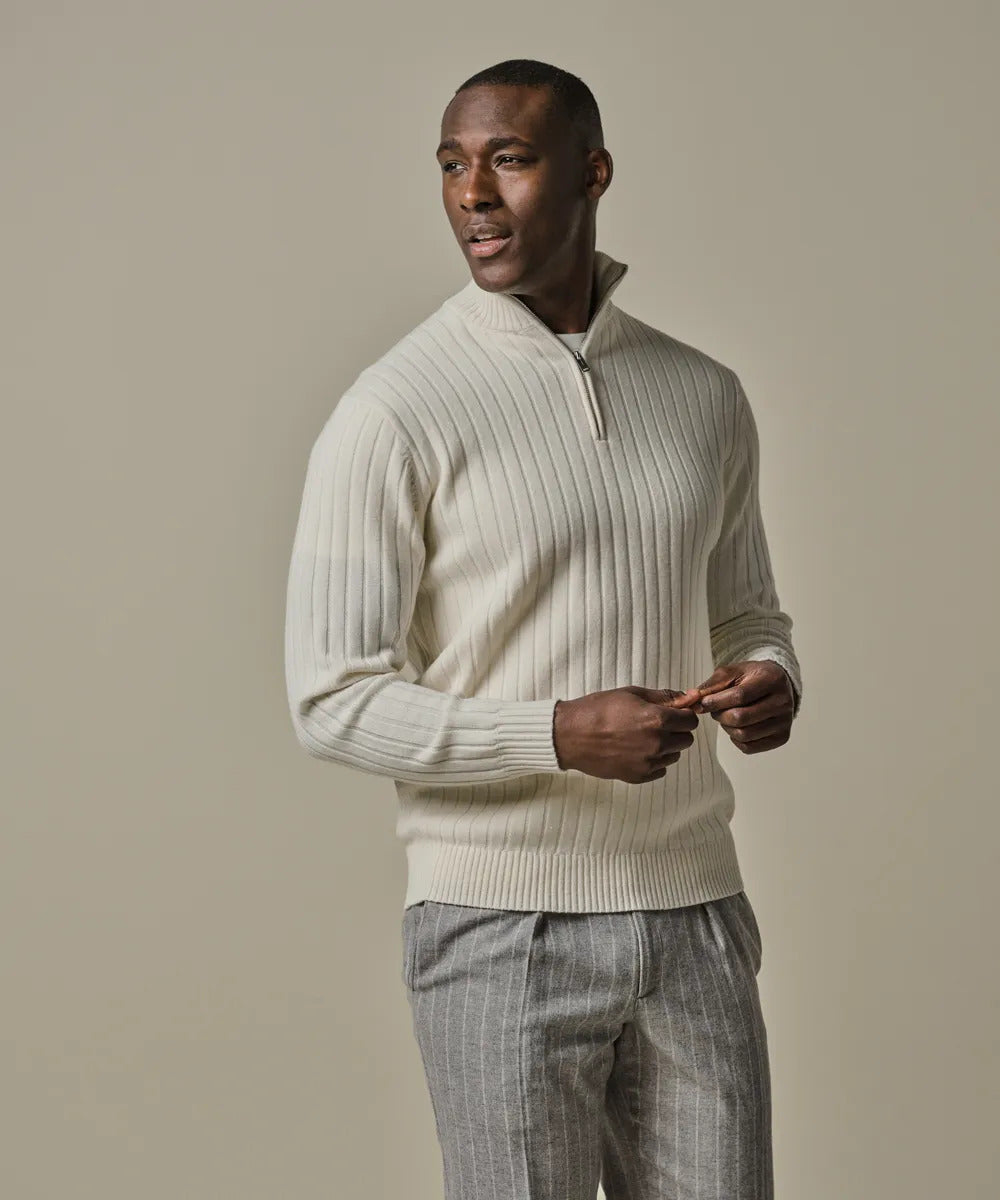 Profuomo Wool‑Blend Half‑Zip Trui – Off‑White-50% wol, 30% polyamide, 20% modal-HEREN TRUIEN & VESTEN-Room