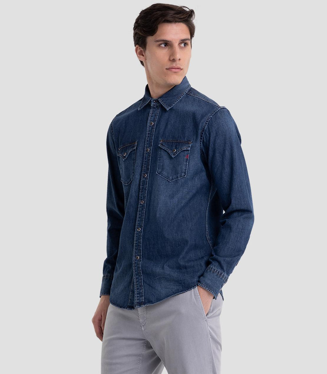 Replay aged eco denim shirt-100% katoen-HEREN SHIRTS-Blauw