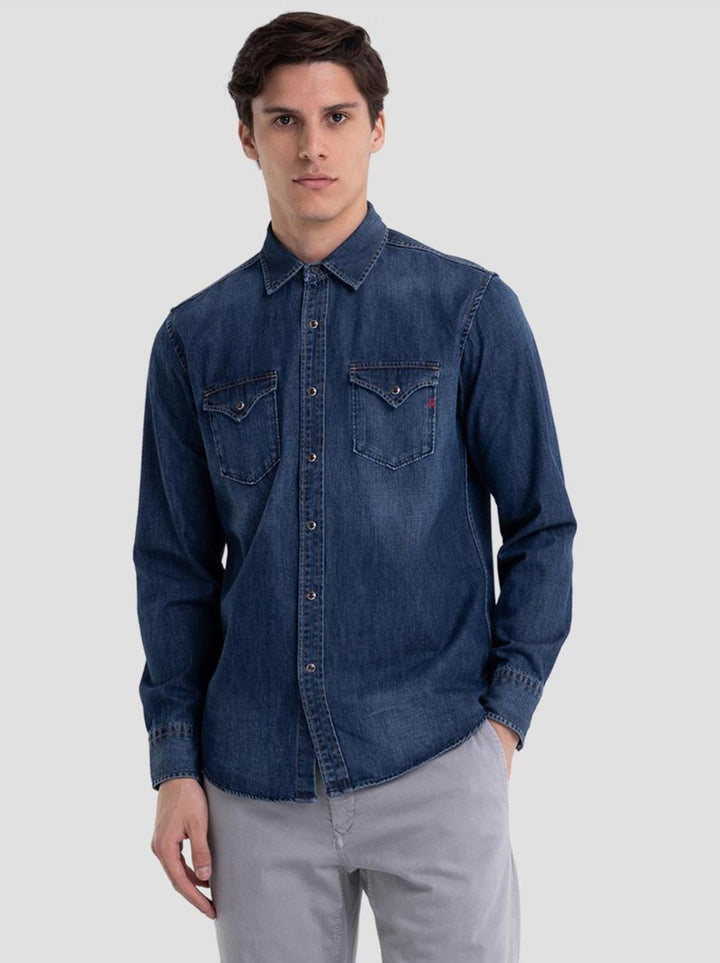 Replay aged eco denim shirt-100% katoen-HEREN SHIRTS-Blauw