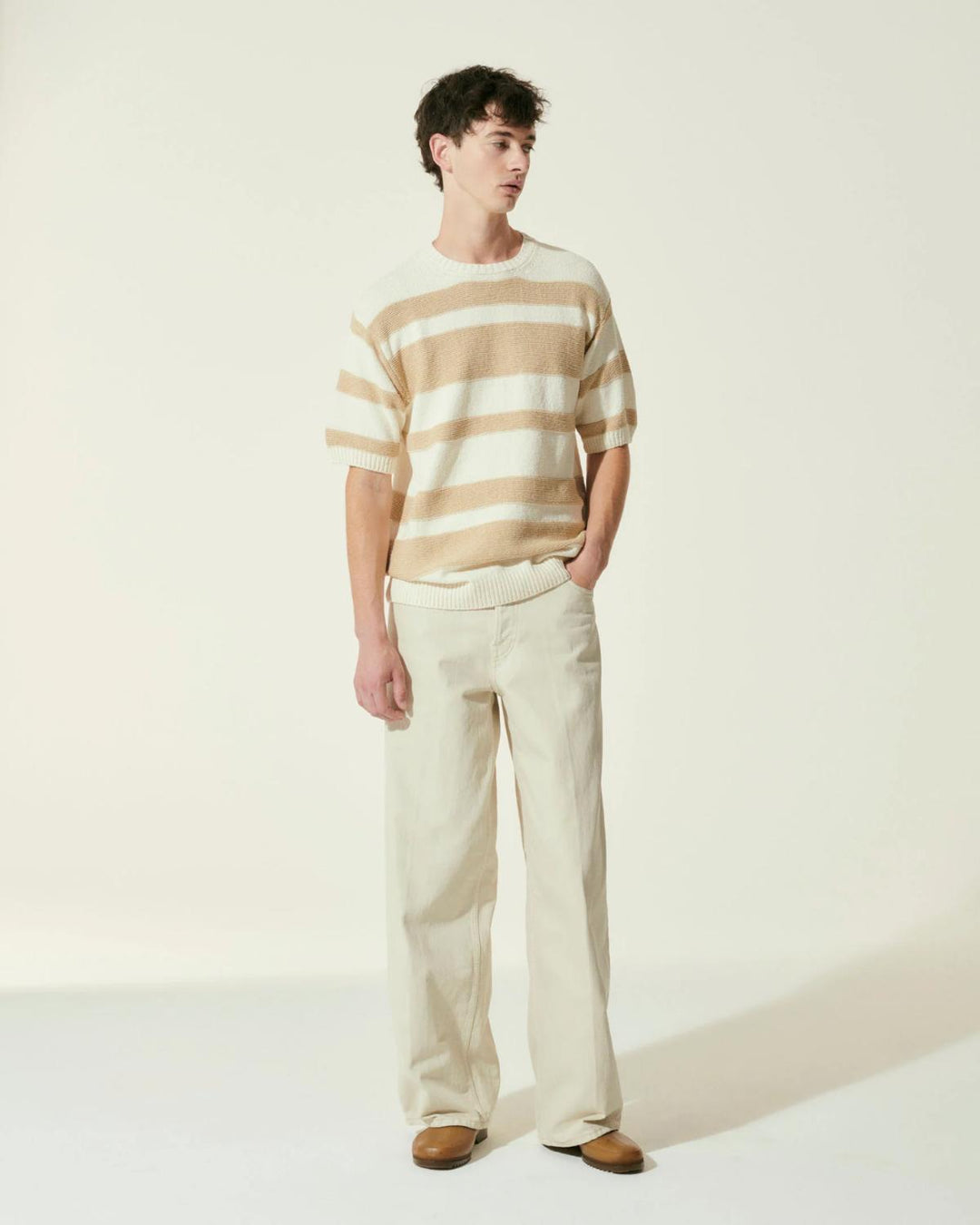 Scaglione gebreid shirt-88% katoen, 12% polyamide-HEREN POLO'S & T-SHIRTS-Beige