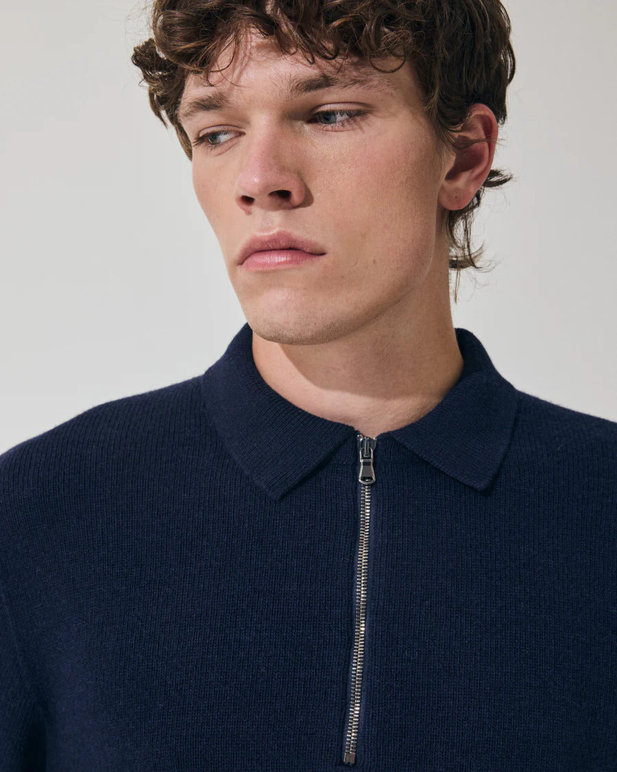 Scaglione polo trui zip-90% wol, 10% kashmier<br />-HEREN TRUIEN & VESTEN-Blauw