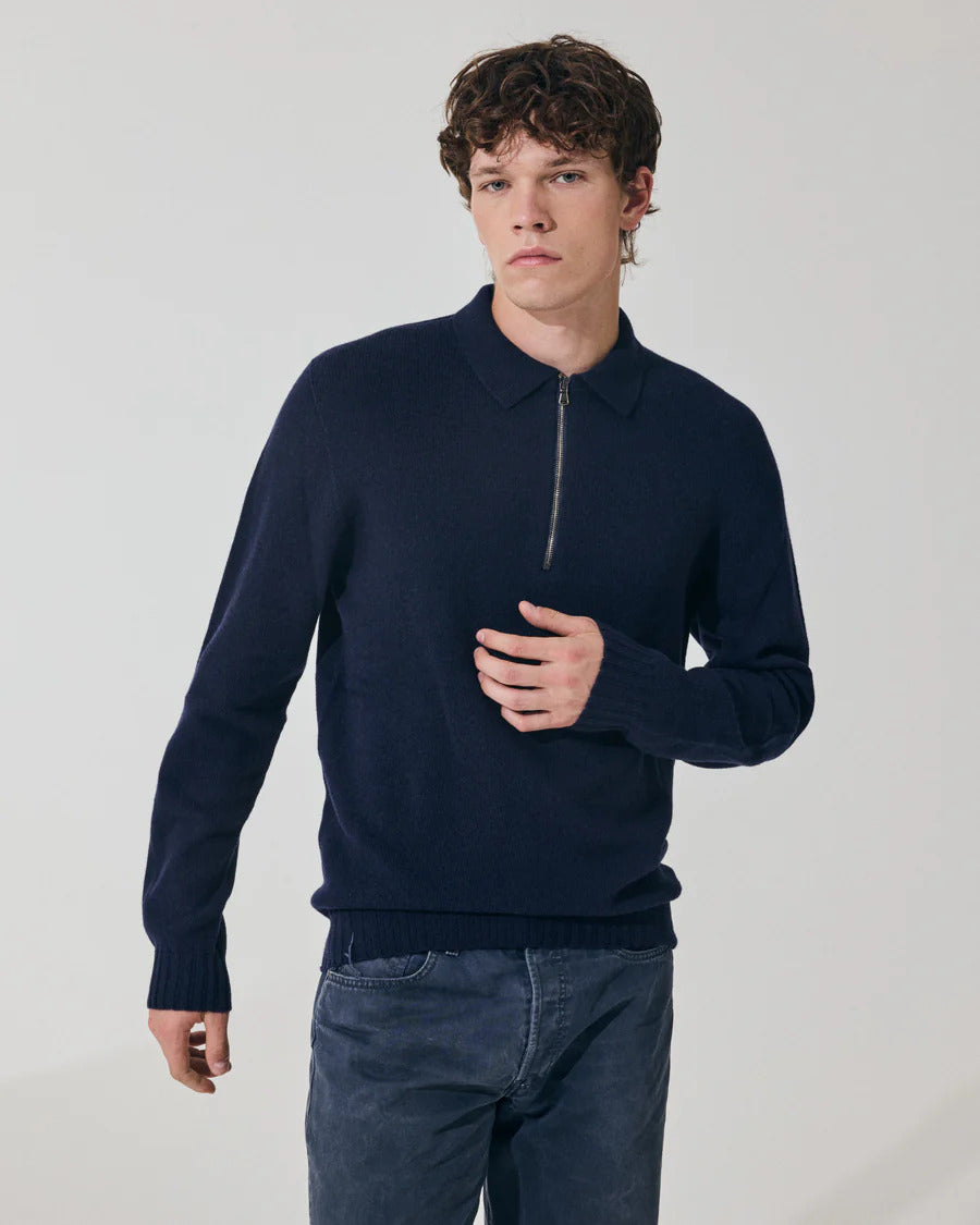 Scaglione polo trui zip-90% wol, 10% kashmier<br />-HEREN TRUIEN & VESTEN-Blauw