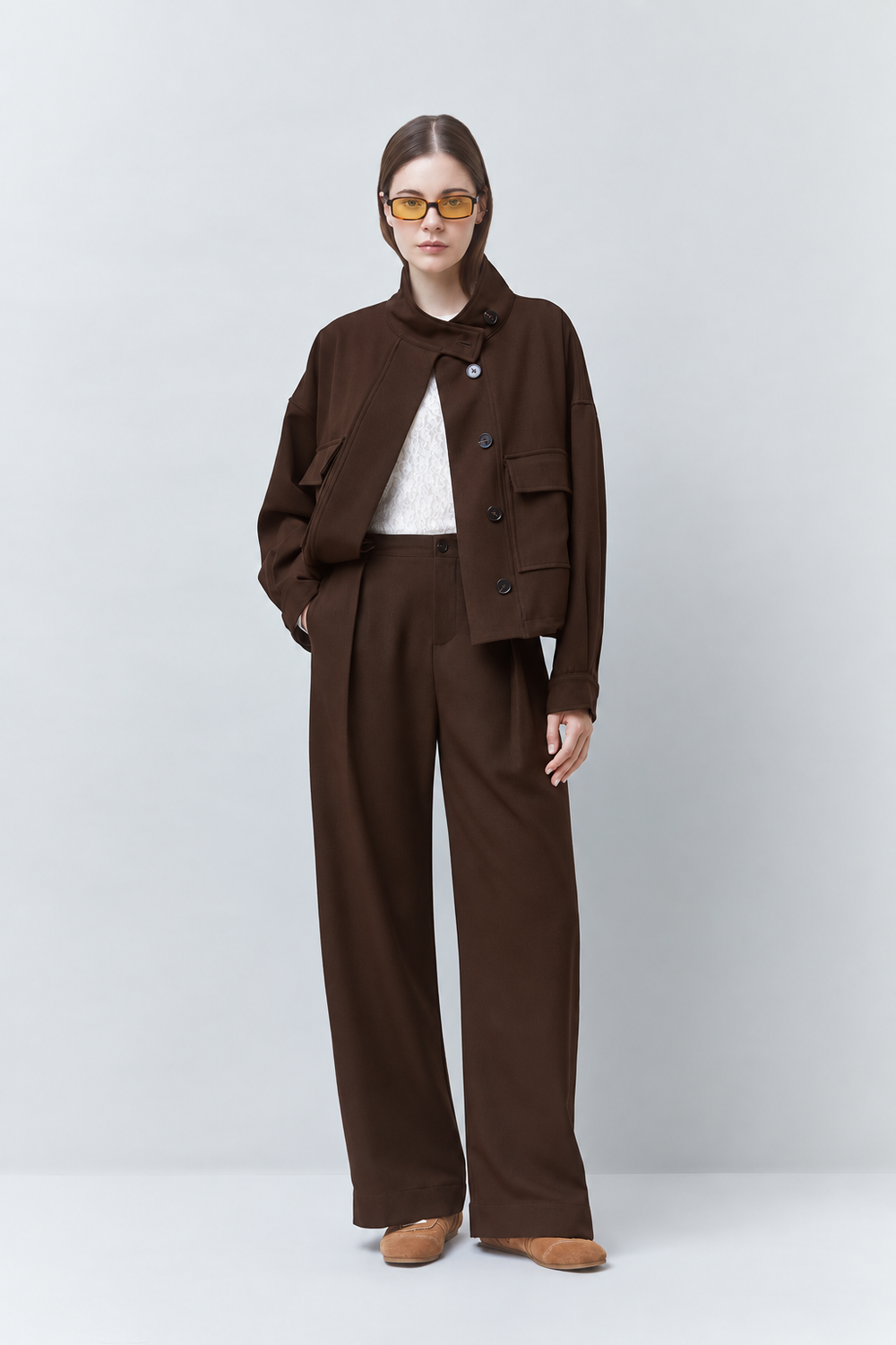 Suncoo Jio Wide Leg Pantalon – Bruin-83% polyester, 14% viscose, 3% elastaan-DAMES BROEKEN-Bruin