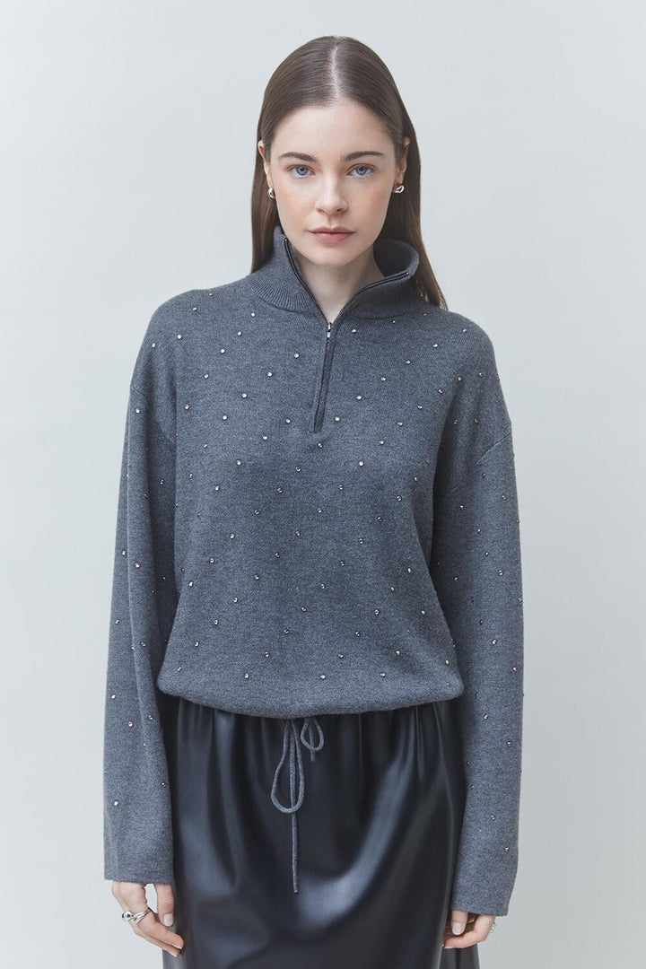 Suncoo Pristo Trui met Strass – Antraciet-55% polyamide, 20% polyester, 16% acryl, 9% wol-DAMES TRUIEN & VESTEN-Antraciet