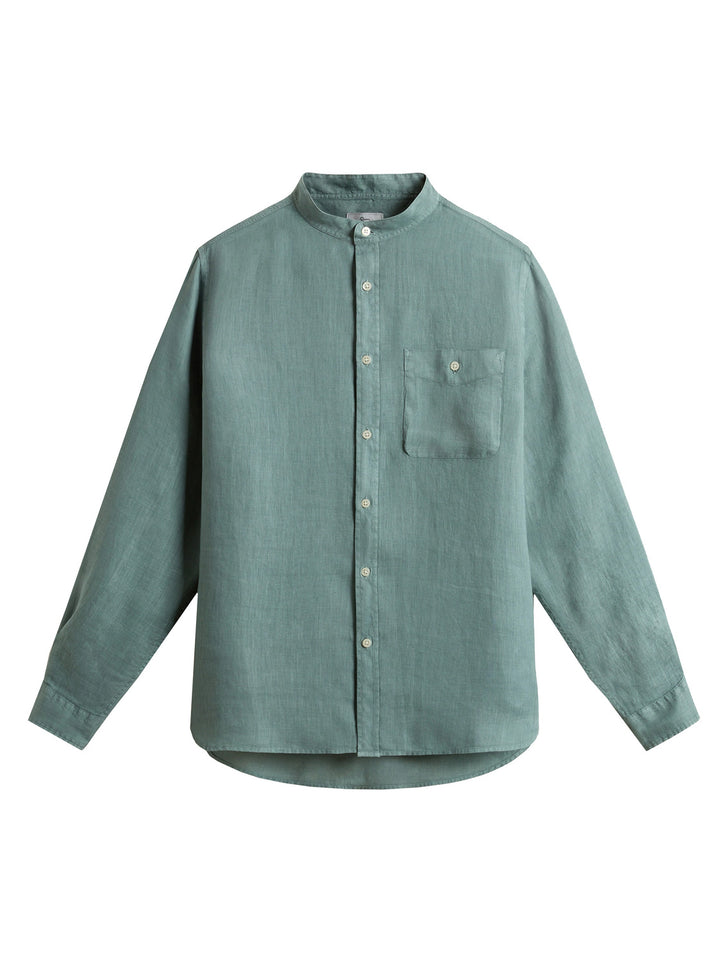 Woolrich band collar linnen shirt green-100% Linnen-HEREN SHIRTS-Groen