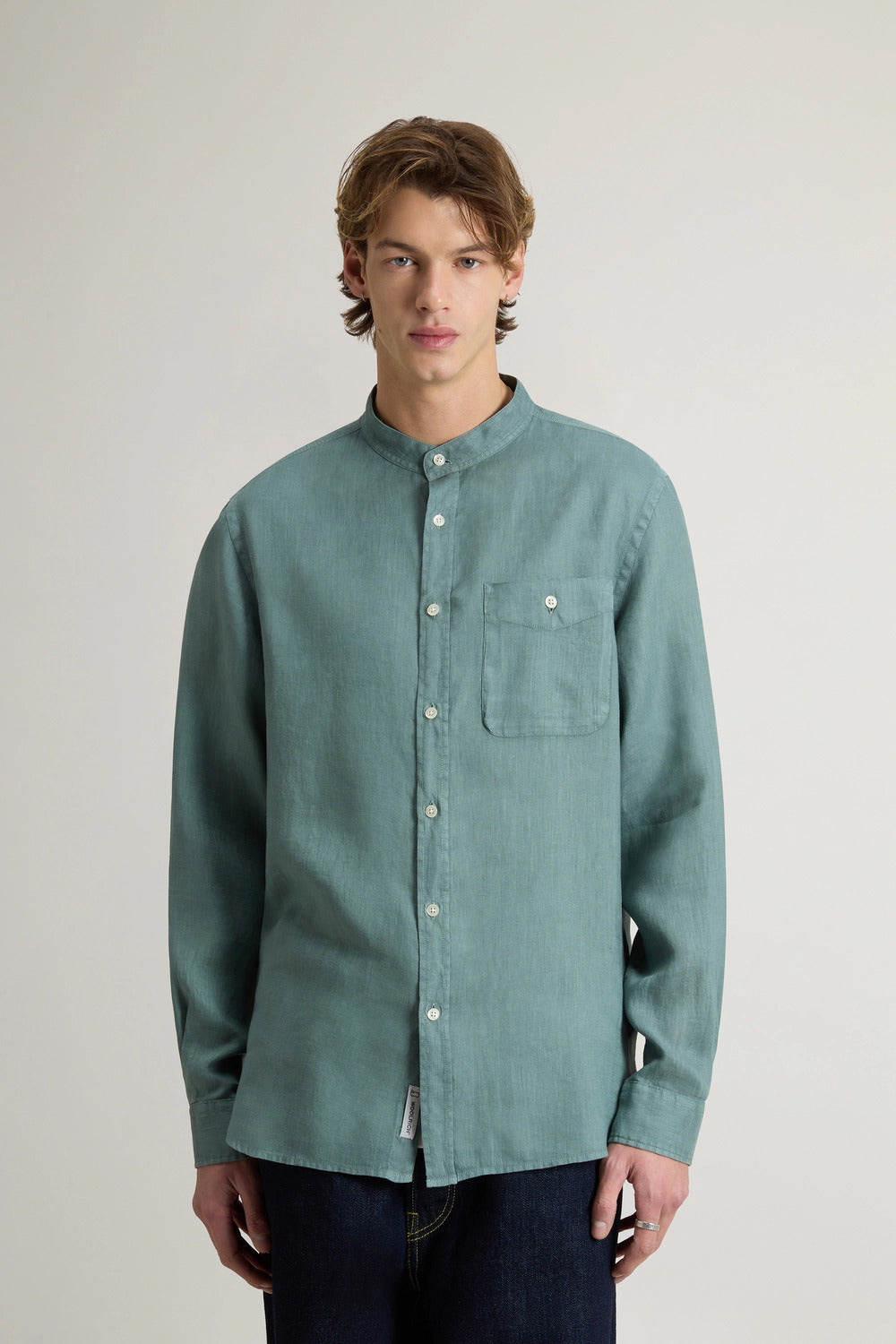 Woolrich band collar linnen shirt green-100% Linnen-HEREN SHIRTS-Groen