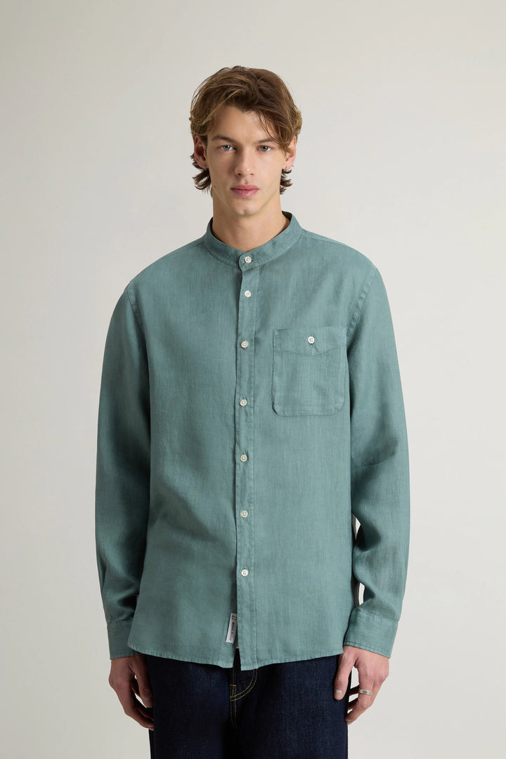 Woolrich band collar linnen shirt green-100% Linnen-HEREN SHIRTS-Groen