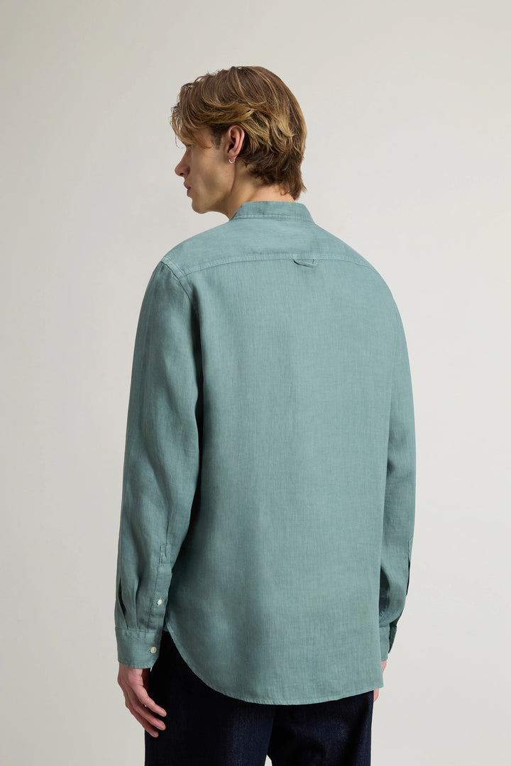 Woolrich band collar linnen shirt green-100% Linnen-HEREN SHIRTS-Groen