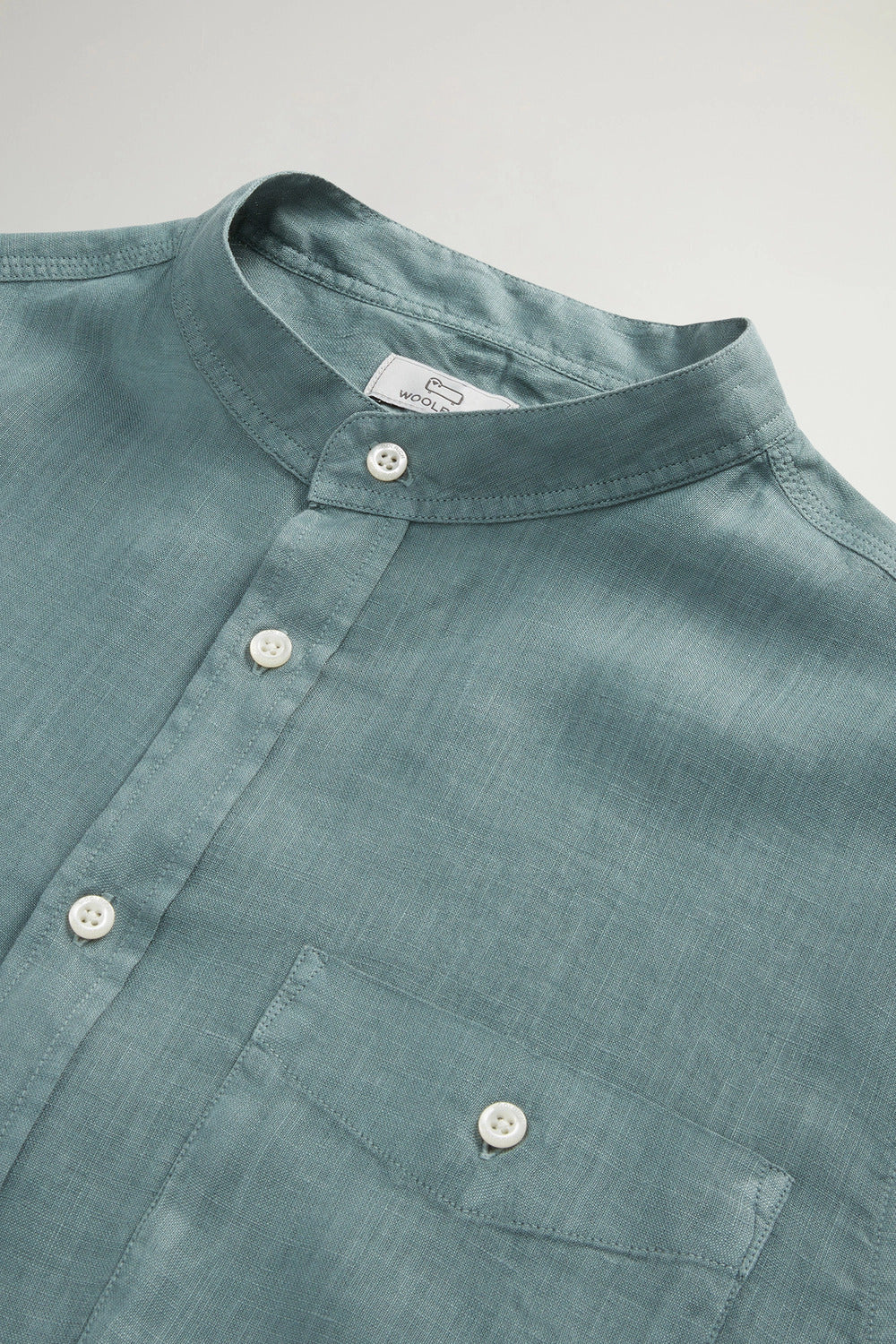 Woolrich band collar linnen shirt green-100% Linnen-HEREN SHIRTS-Groen