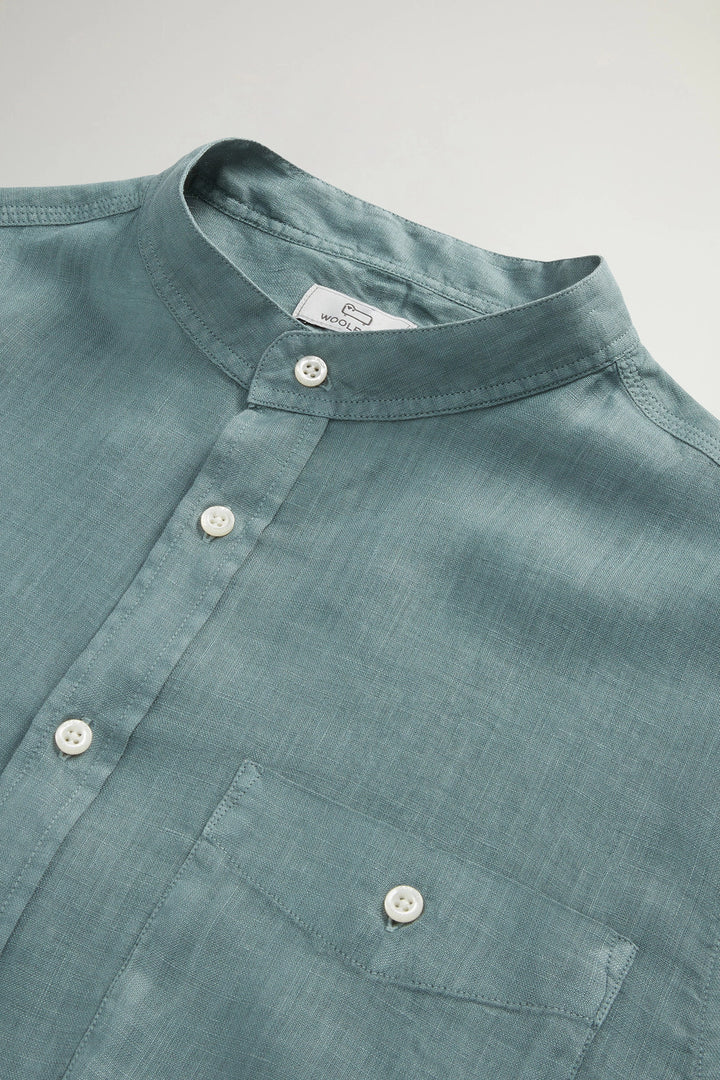 Woolrich band collar linnen shirt green-100% Linnen-HEREN SHIRTS-Groen