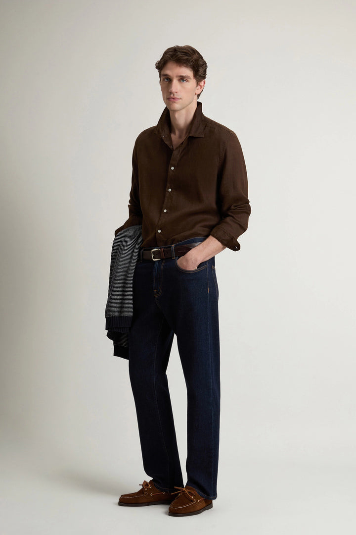 Woolrich Puur Linnen overhemd – Bruin-100% linnen-HEREN SHIRTS-Bruin