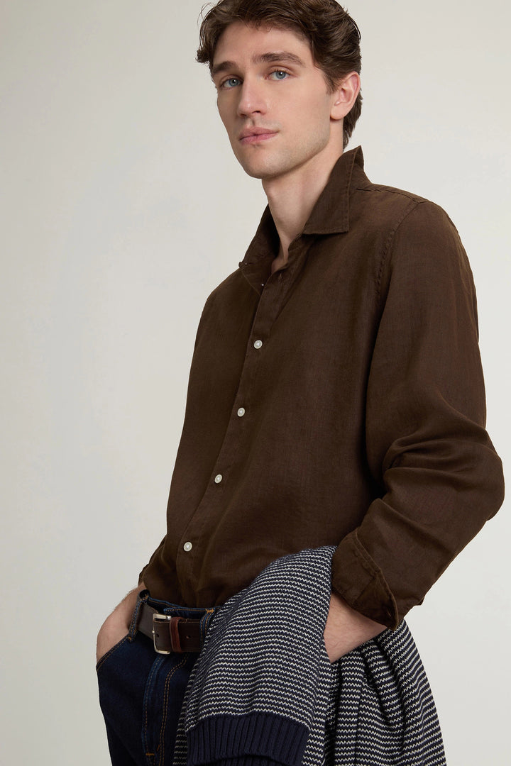 Woolrich Puur Linnen overhemd – Bruin-100% linnen-HEREN SHIRTS-Bruin