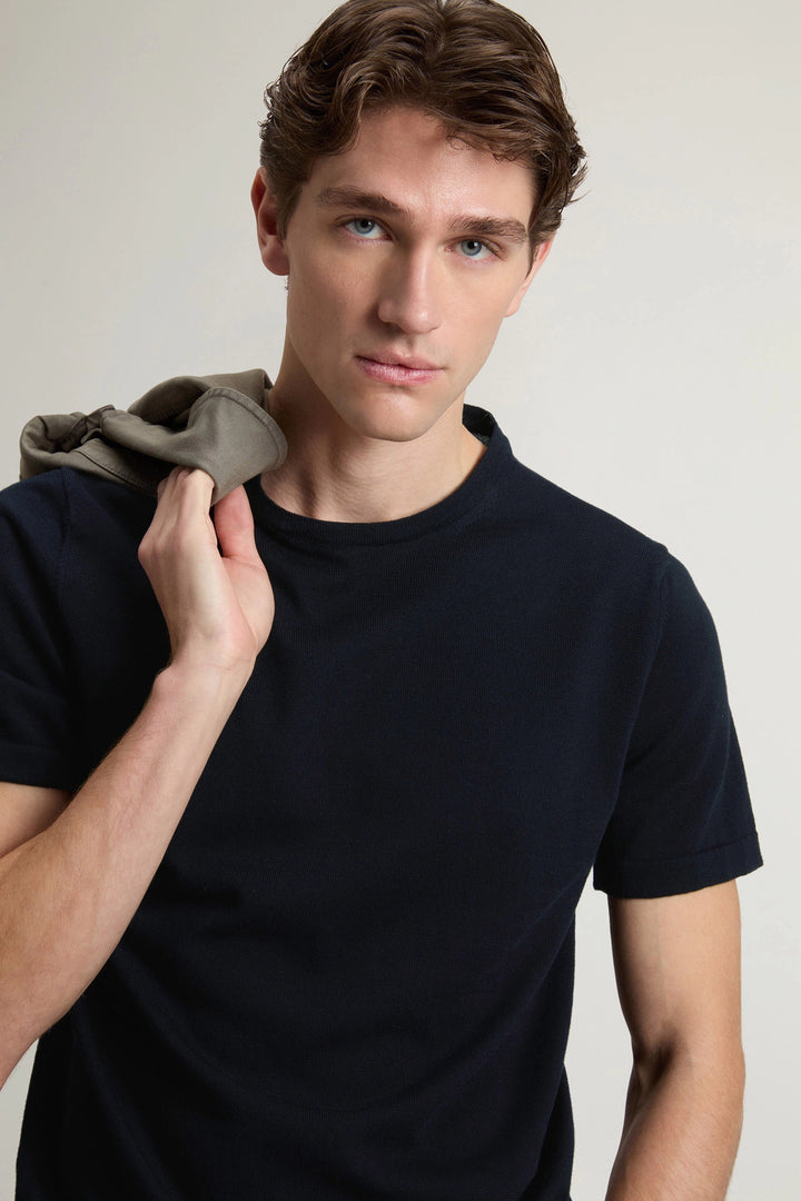 Woolrich T-shirt Van Gebreid Zuiver Katoen - Blauw-100% katoen-HEREN POLO'S & T-SHIRTS-Blauw