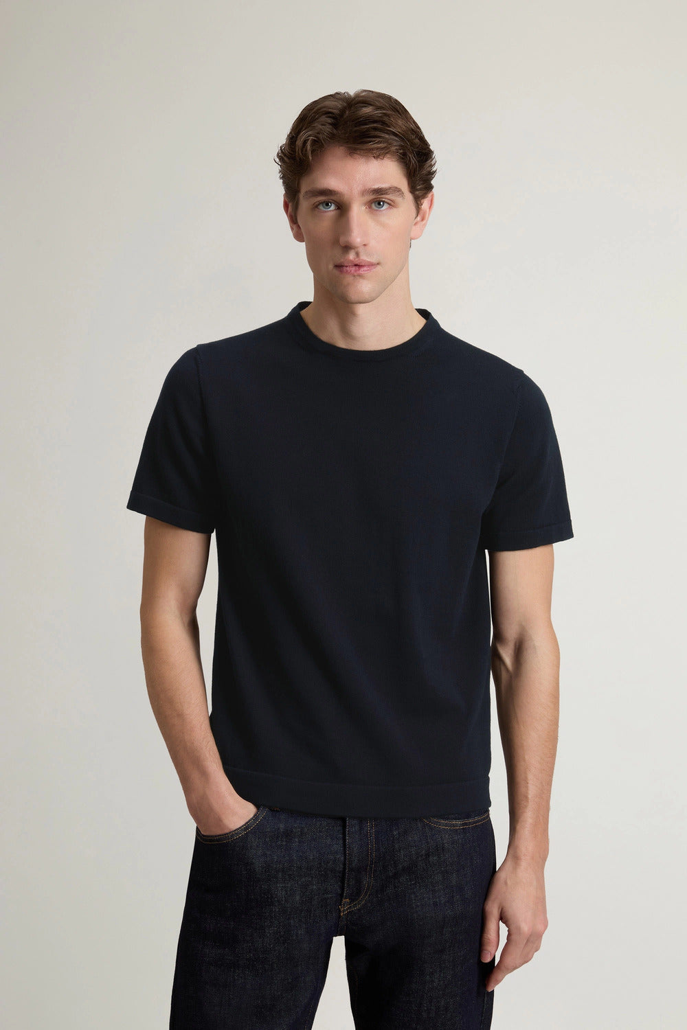 Woolrich T-shirt Van Gebreid Zuiver Katoen - Blauw-100% katoen-HEREN POLO'S & T-SHIRTS-Blauw