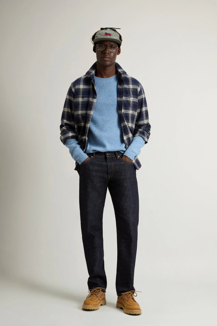 Woolrich Trui Ronde Hals – Blauw-30% wool, 30% viscose, 25% polyamide, 15% silk-HEREN TRUIEN & VESTEN-Blauw